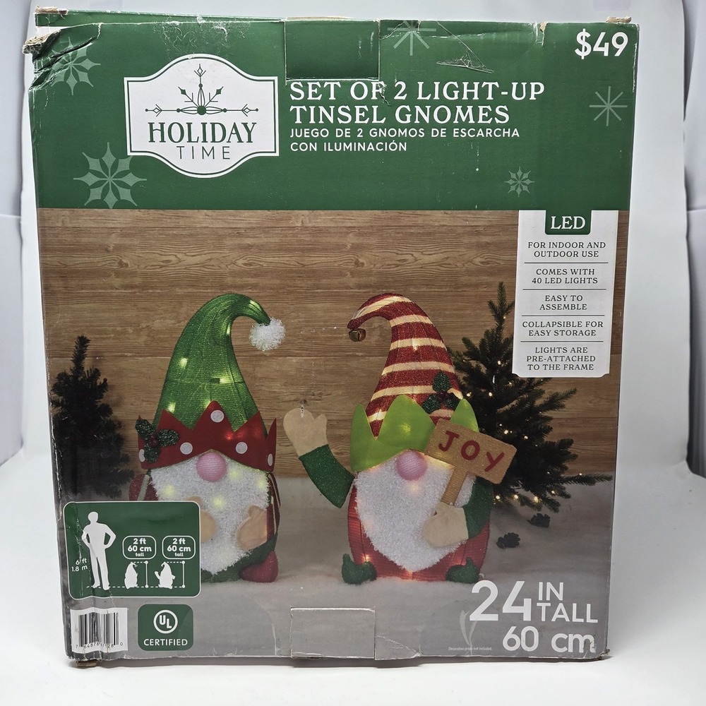 NEW Holiday Time Lighted Christmas Tinsel Gnomes‎ Yard Decor Outdoor 2 Pack READ